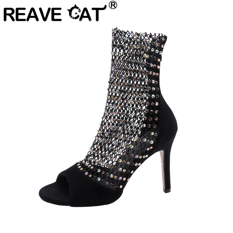 

REAVE CAT 2020 Summer Lady Sexy Ankle Boots peep Toe 10cm Thin High Heels Mesh Zipper Rhinestone Rivets Large size 32-45 A2848
