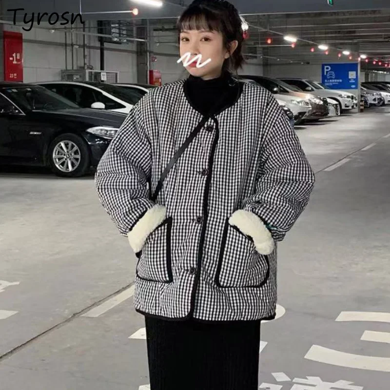 

Женская парка в клетку в стиле преппи, уличная одежда в японском стиле с круглым вырезом, однобортная, утепленная, милая, в стиле Харадзюку