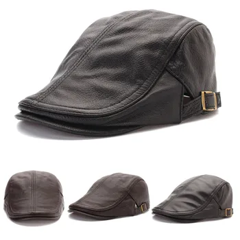 

Men's Genuine Leather Lambskin Beret Winter Hunting Cap Golf Flat Beanie Trucker Cap Mens Outdoor Sports Driving Hat Solid Color