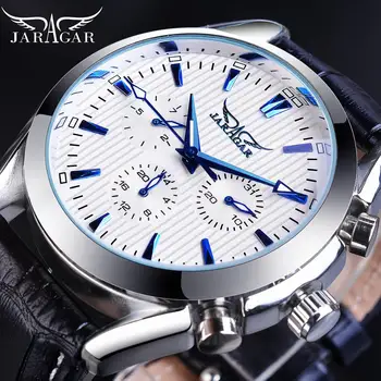 

Jaragar Three Dial Multifunction Silver Black Leather Mens Automatic Casual Sport Wrist Watches Mechanical Hour Top Brand Luxury