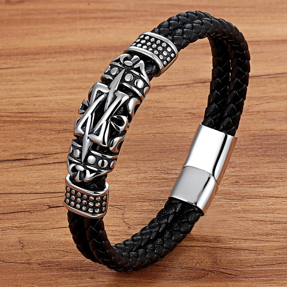 TYO Classic Men Jewelry Leather Bracelets Stainless Steel Bracelets Black Rope Chain Fashion Wristband for Male Magnet