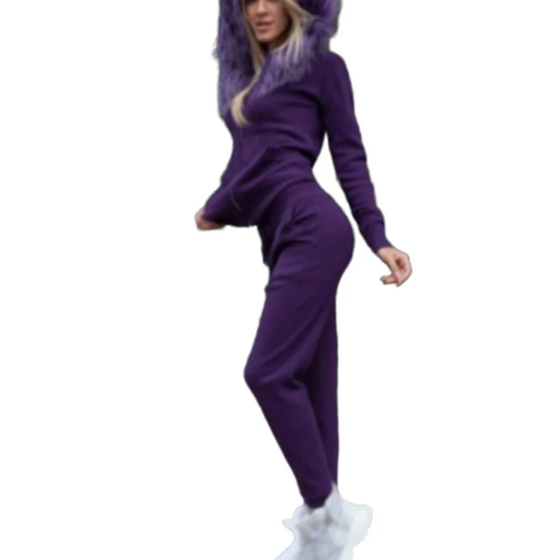 purple WENYUJH женские вязаные с капюшоном таможенные комплекты осень зима свитер Костюмы искусственный мех с капюшоном кардиганы+ длинные штаны трикотажные Комплекты Женские - Цвет: purple