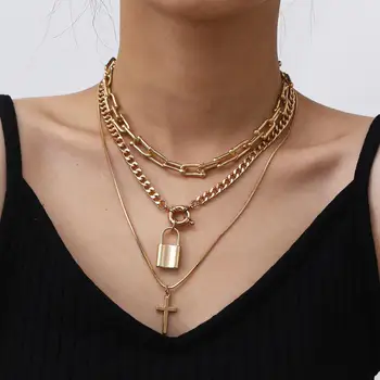 

Multi Layer Lover Lock Pendant Choker Necklace Steampunk Padlock Cross Chain Necklace Collier Best Couple Jewelry Gift