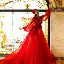 Сексуальные Алые V шеи с длинными рукавами цветы Бисероплетение линия длинный поезд платье выпускного вечера
