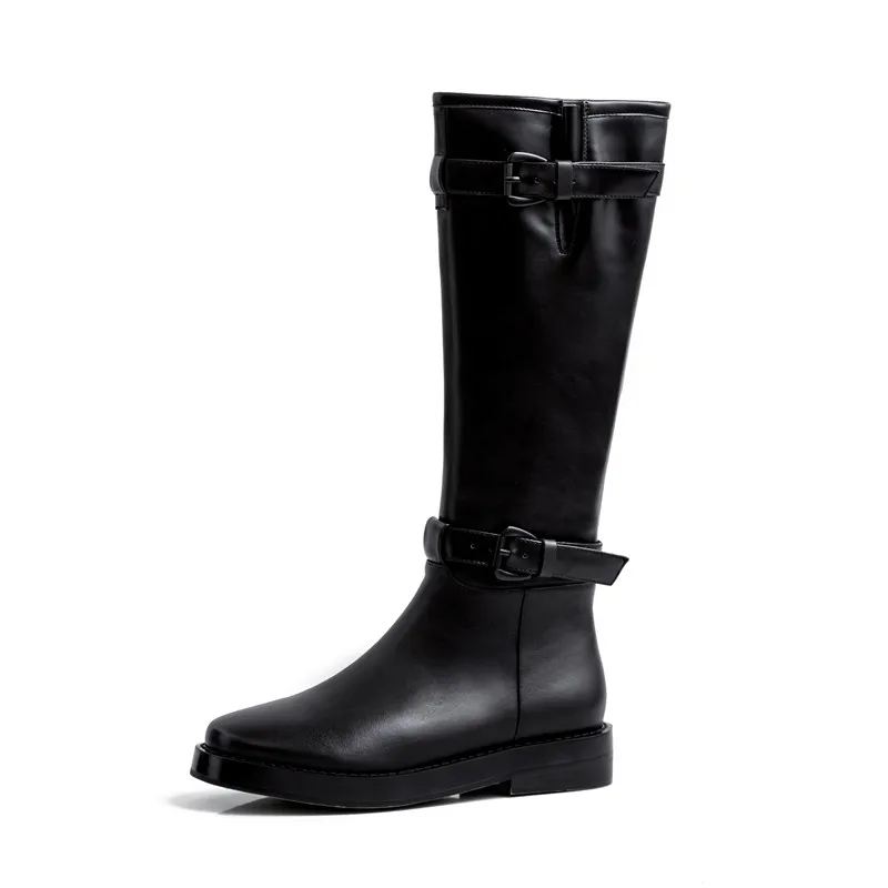 black cowhide MORAZORA/ г. Новые модные зимние женские брендовые ботинки мотоциклетные ботинки на низком каблуке с круглым носком и пряжкой женская обувь из натуральной кожи - Color: black cowhide
