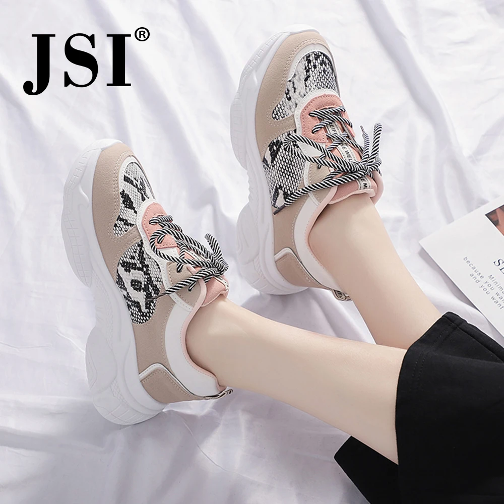JSI/Модные женские кроссовки на массивной платформе со змеиным принтом, с круглым носком, со шнуровкой, из сетчатого материала; повседневные женские кроссовки на плоской подошве; JX53