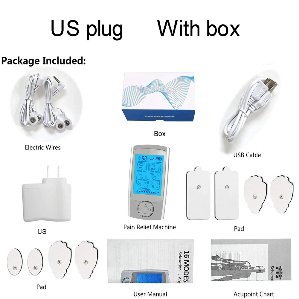 US plug with box Тенс машина мышечный Стимулятор ABS Электростимуляция Цифровая терапия акупунктурный массаж облегчение боли лечение импульсный массажер - Цвет: US plug with box