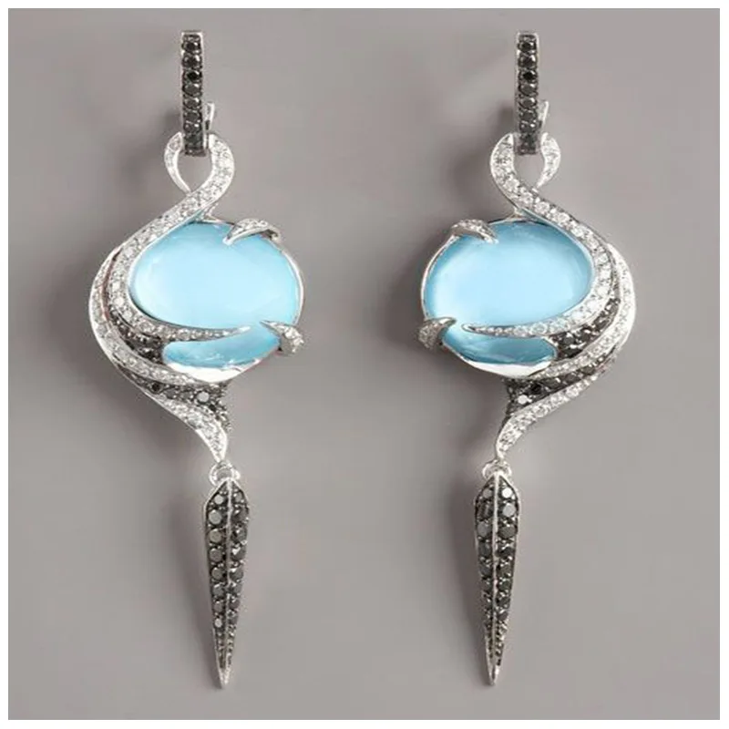 

2019 Moonstone Earings Angel Wings Long Earring Blue Stone Crystal Leaf Earrings for Women Vintage Elegant Wedding Jewelry