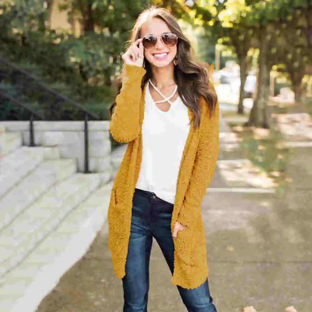 yellow cardigans Echoine, длинное пальто, свитера, вязанные кардиганы, весна-осень, кардиган с карманом, вязанное Женское пальто большого размера - Цвет: yellow cardigans