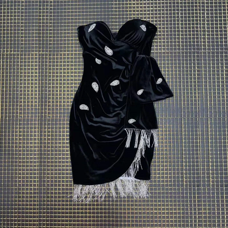 Модное черное платье с открытыми плечами и бусинами, сексуальное Бандажное платье с открытой спиной, Женские Повседневные Вечерние мини-платья высокого качества, Клубная одежда