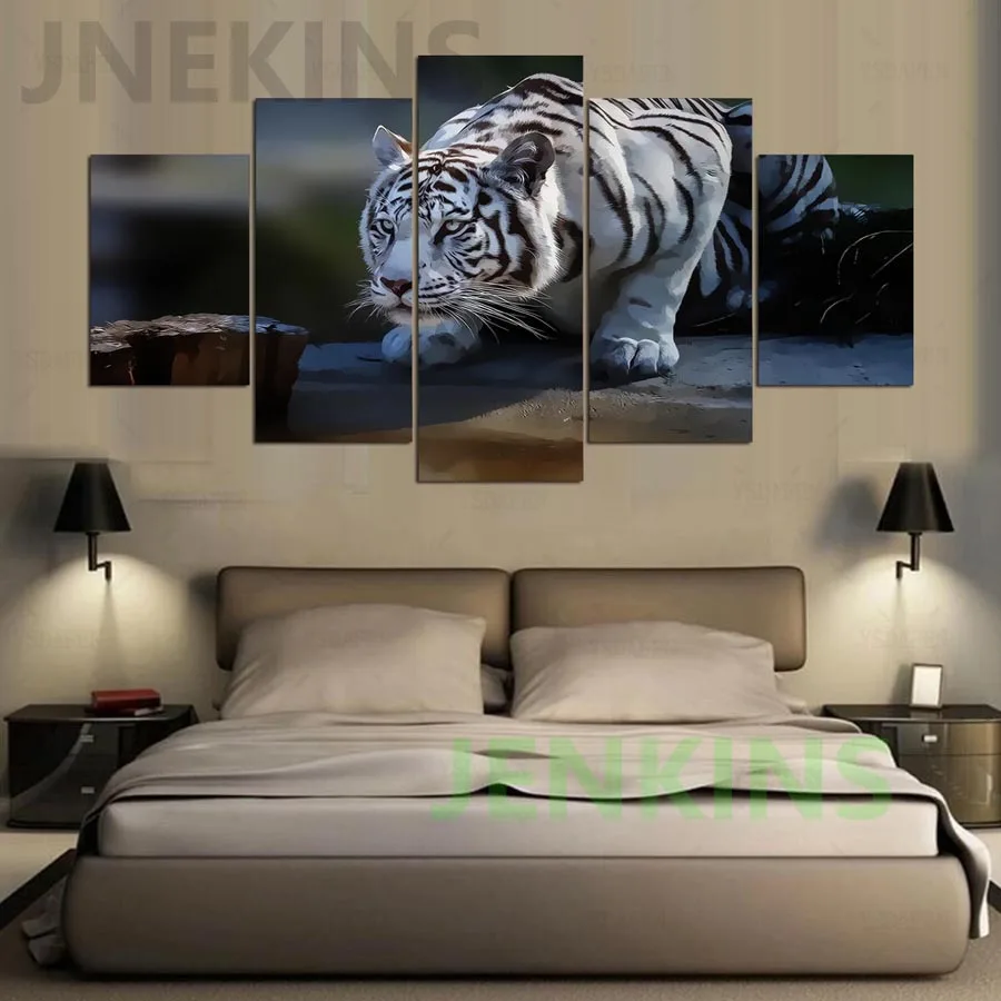 5 Pieces black White Tiger Printed Canvas Painting Living Room Wall