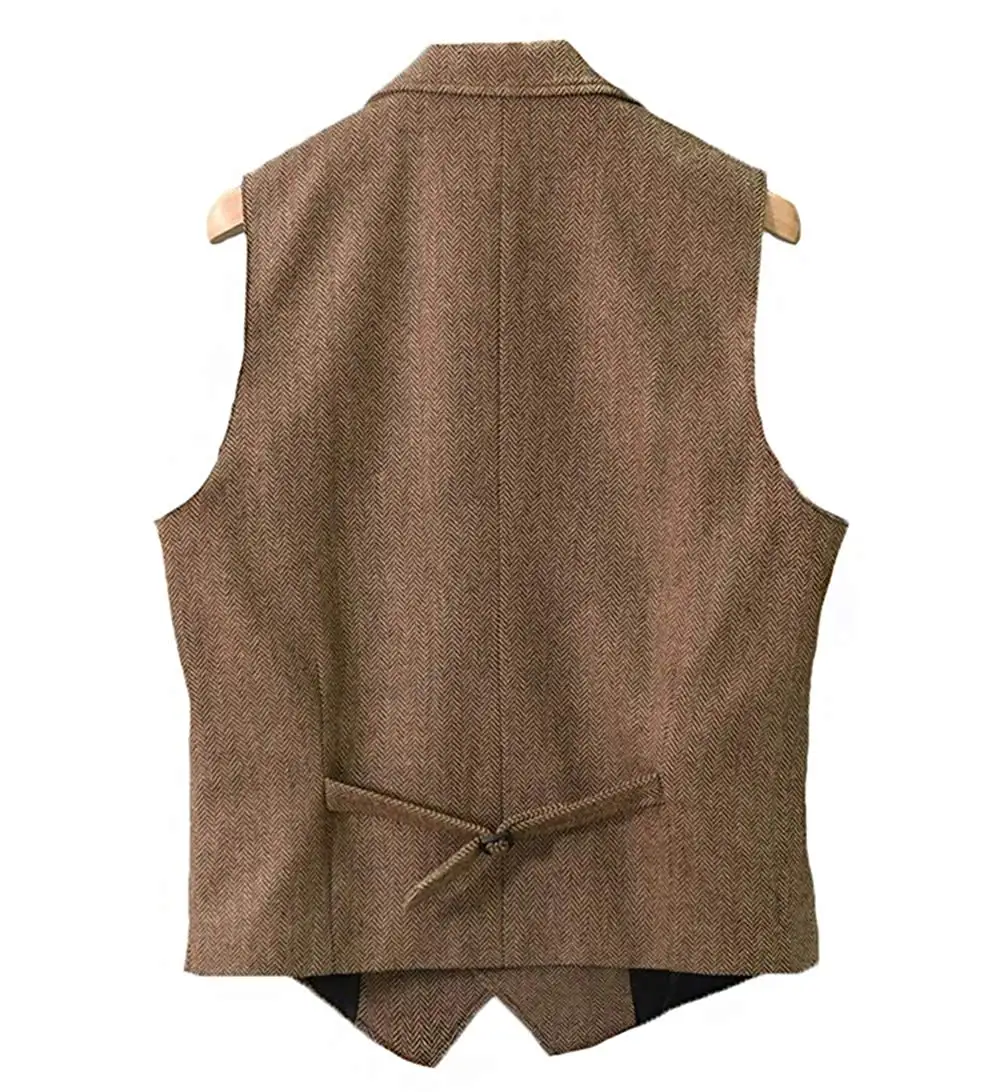 2024 Mens Vest Classic Brown Suit  Wool Tweed Notch Lapel Waistcoat Herringbone Groomsmen Winter Coat For Wedding