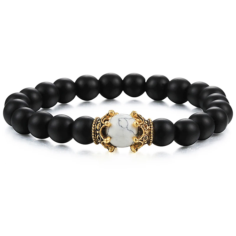 8mm Natural Matte Stone Black White Bead Charm Bracelets&ampBangle King Queen Crown Handmade Elastic Bracelet for Woemn Men Jewelry |
