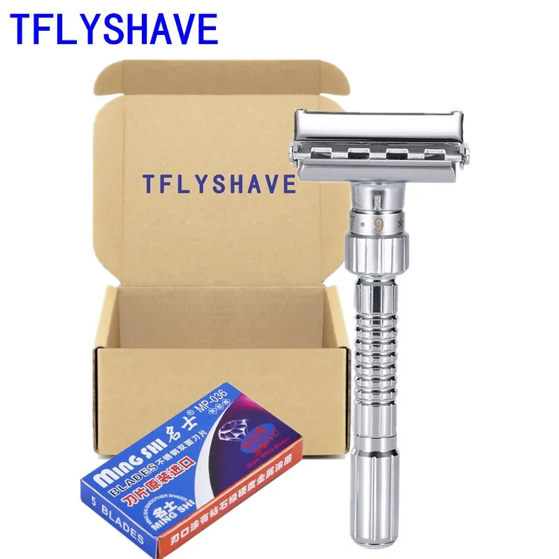 

TFLYSHAVE Men Double Shaver Razor Blade Adjustable Edge Razor Safety Razor Zinc Alloy Chrome Razors With 5 Replacement Blade
