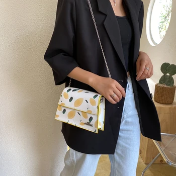 

Plant Leaf Print Leather Crossbody Bag Women Chain Small Shoulder Handbag Purse Popular Simple Female Daily Bag