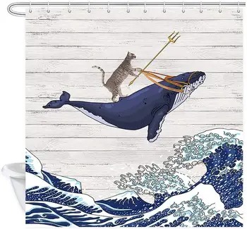 

Funny Cat Riding Whale in Ocean Wave on Vintage Wooden Bathroom Curtains Vintage Kanagawa Japanese Wave Art