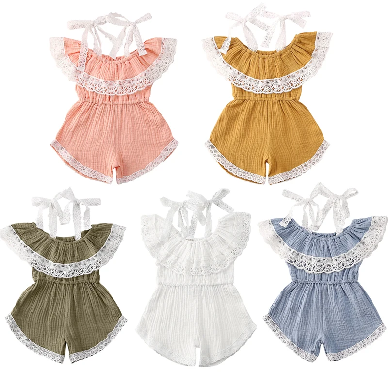 

Lovely Infant Baby Girl Kids Rompers Lace Ruffles Sleeve Off Shoulder Cotton Straps Romper Jumpsuit Outfits Sunsuit