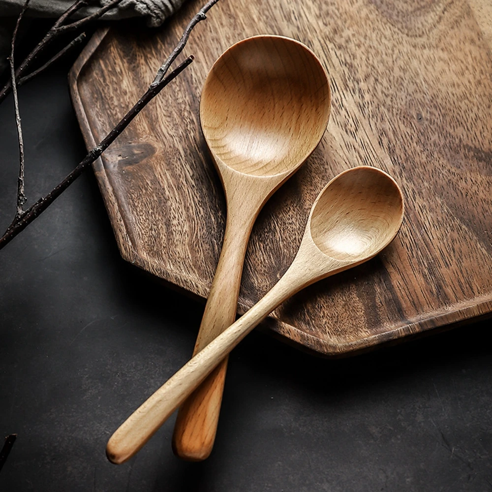 Japanese Style Beech Soup Spoons Long Handle Tableware Kitchen Wooden Porridge Rice Spoon Teaspoon Dinnerware Cooking Utensils | Дом и сад