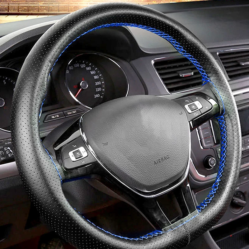 Universal Leather 38cm DIY Car Blue Steering Wheel Cover With Needles Thread