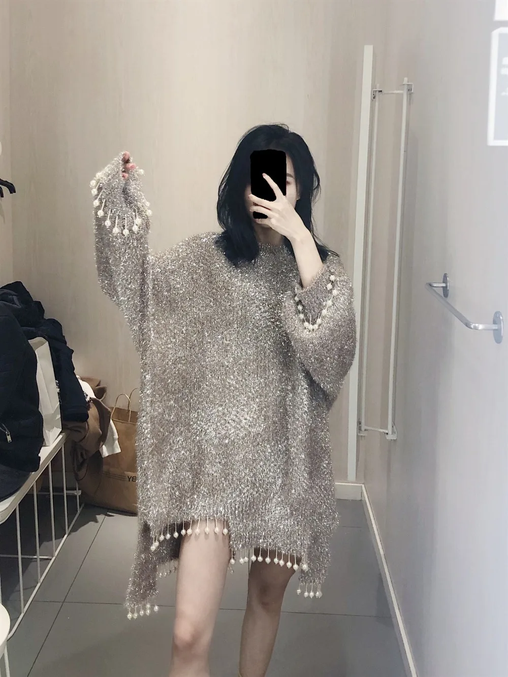 WHITNEY WANG осень зима мода уличная жемчуг бисер кисточкой лохматый свитер женский джемпер sueter mujer invierno