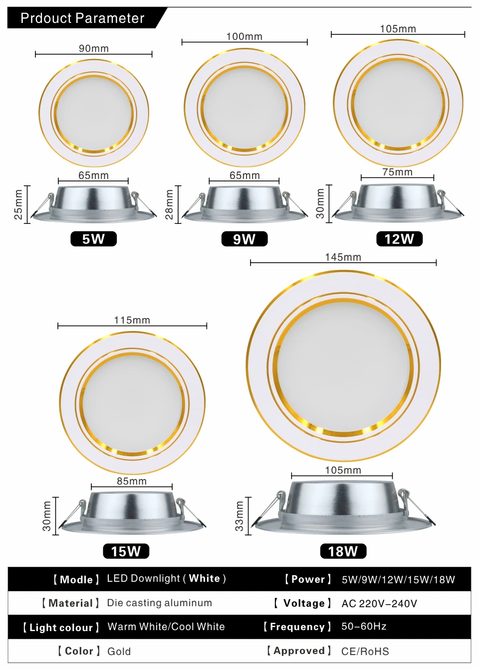 Led Downlight 5W 9W 12W 15W 18W 220V LED Ceiling bathroom Lamps living room light Home Indoor Lighting Warm White Cold White