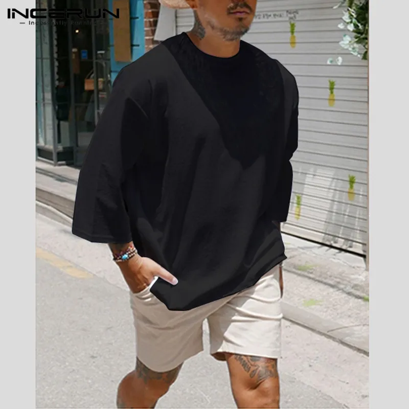Casual T-Shirt Camiseta Streetwear INCERUN Plain Baggy Plus-Size Fashion Men Cotton 3/4-Sleeve