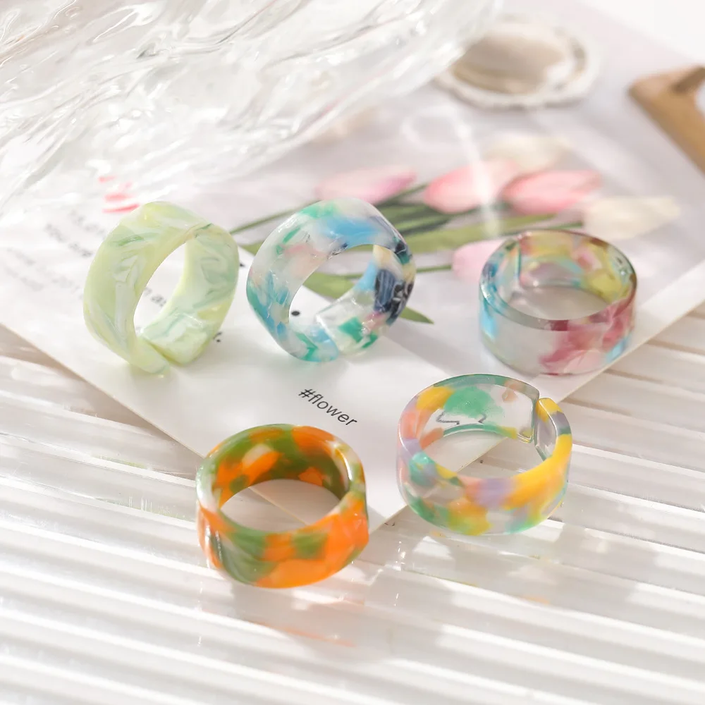 New Colorful Transparent Resin Acrylic Crystal Rhinestone Simple Geometric Square Round Rings Set for Women Fashion Jewelry