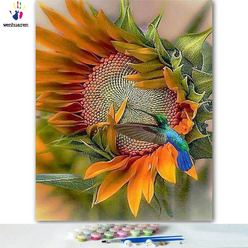 DIY цветные картинки по номерам с цветами птицы на подсолнечнике картина для рисования по номерам в рамке дома