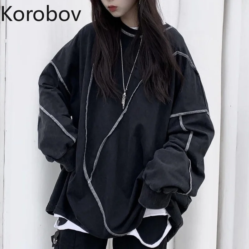 Korobov Ulzzang, свободные повседневные женские футболки, уличная одежда с длинным рукавом и круглым вырезом, Винтажная футболка, большие размеры, полосатая Лоскутная футболка 79532