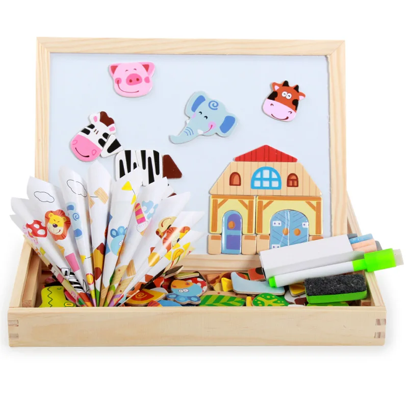 

MWZ New Style Baby Cartoon Animal Robot Joypin Wood Double-Sided Sketchpad Educational Learning Toy
