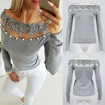 

Womens Ladies Shirts Snash Neck Off Shoulder Long sleeve Casual Slim Fit Plain Stretch Prespective Basic Top