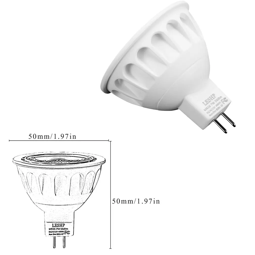 LESHP White MR16 AC/DC12V 7W LED Spotlight 4000K 560LM Non-Dimmable 40 Degree Beam Angle Compact Size Light Weight