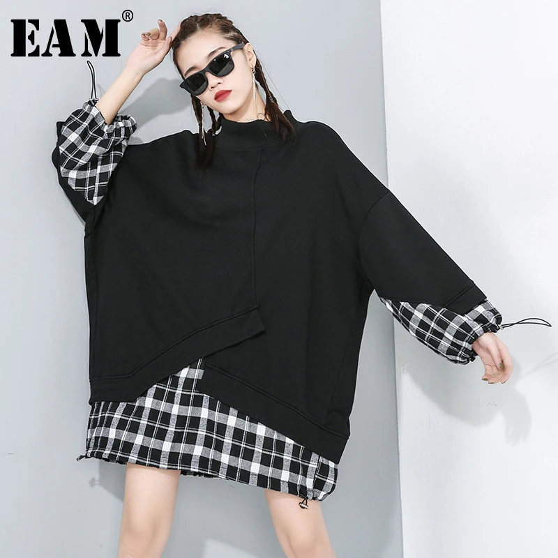 

[EAM] Loose Fit Black Plaid Split Joint Oversized Sweatshirt New Round Neck Long Sleeve Women Big Size Fashion Spring 2020 1R175