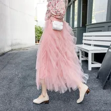5 цветов, Женская Осенняя Милая Тюлевая юбка, Женская длинная юбка макси, Весенняя Корейская черная розовая плиссированная юбка с высокой талией
