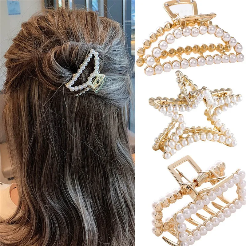 

Women Solid Color Geometric Imitation Pearl Hair Claw Clamps Hair Crab Girls Moon Shape Hair Clip Claws Hairpin