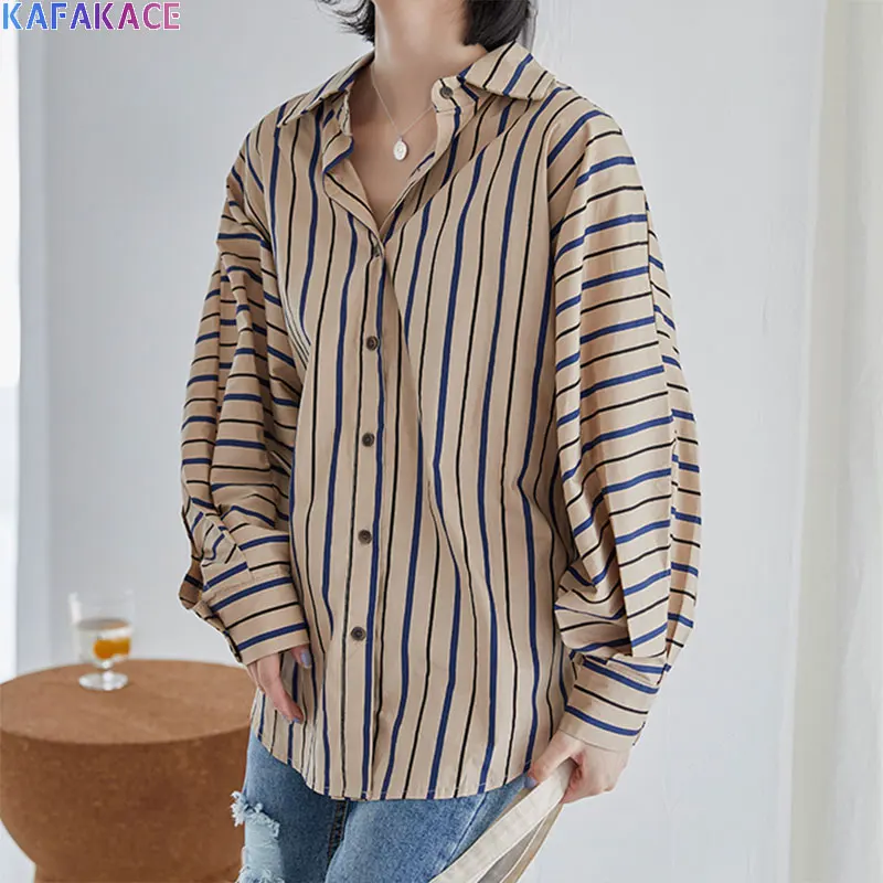 

KAFAKACE 2020 Women Blouse Autumn Striped Print Spliced Buttons Ladies Tops Batwing Sleeve Style Casual Long Sleeve New Shirts