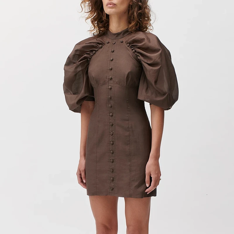 Cena CHICEVER Ruched Slim damskie sukienki stanąć kołnierz Puff z długim rękawem wysokiej talii przyczynowe Mini sukienka kobiet 2019 moda nowa odzież