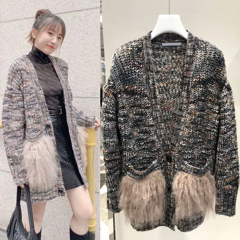 FOMOLAYIME Winter New Wild Sheep Wool Big Pocket Casual V-neck Long Knitted Cardigan Jacket for Women