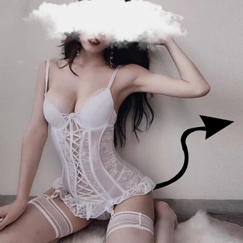 

French Sexy Lace Breathable Fabric Lingerie Corset Dress White Women Sleepwear High Elasticity Bustier with Cup Girdle Straps