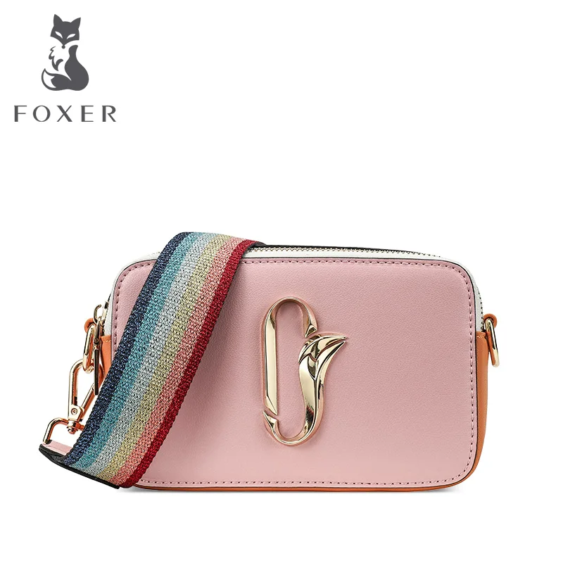 

FOXER Female Rainbow Shoulder Strap Crossbody Bag Cowhide Leather Box Shape Pink Girl's Cute Messenger Bag Women Street Fashion