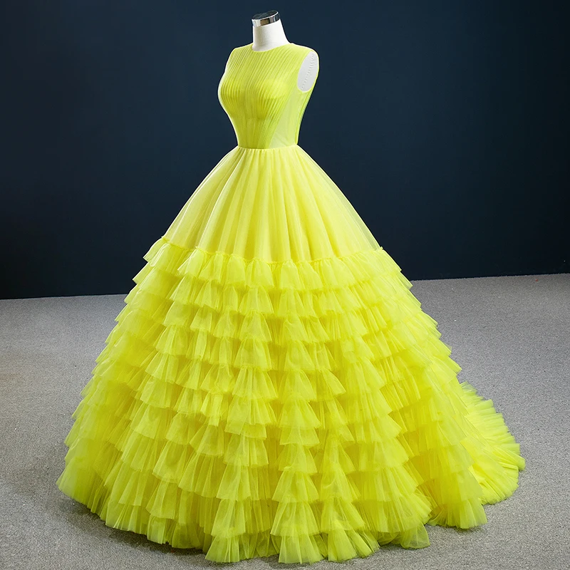 RSM67158 Yellow Sexy Transparent Tulle Frill Layer Column Dinner Party Dress 2021 Back Lace-up Design Evening Gown 4