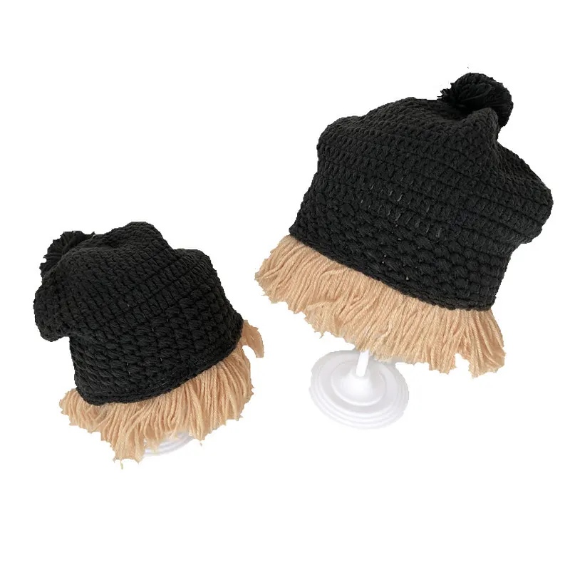 Children Funny Wig Cap Handmade Crochet Beggar Hat Parent-child Street Casual Cute Knitted Hats Warm Skullies Beanies Boys Caps