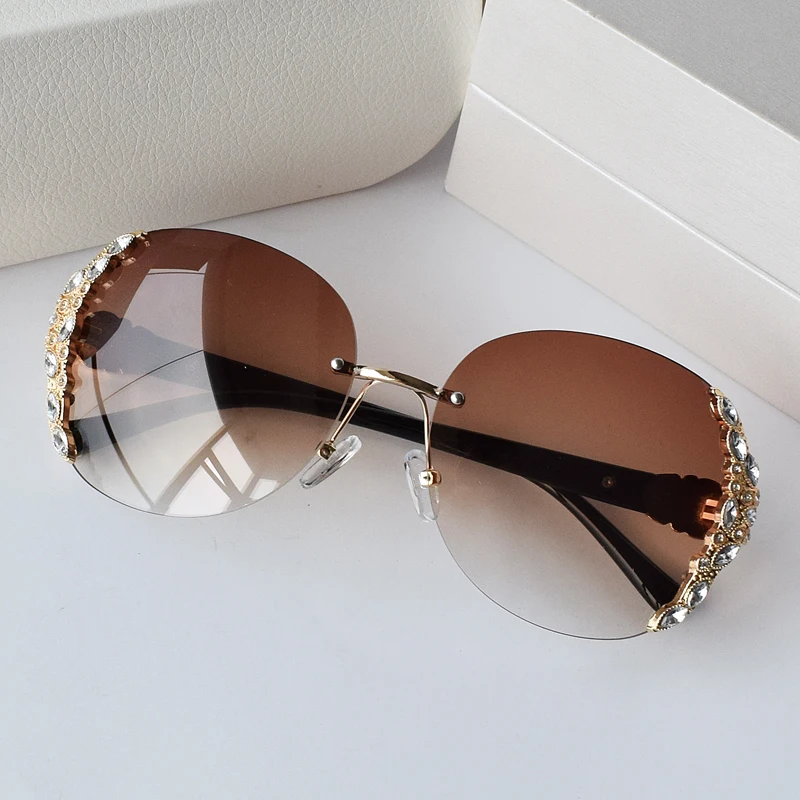 

Vazrobe Diamond Sunglasses Women Fashion Sun Glasses for Woman Rimless Gradient Brown Red Anti Reflection UV400 Oversized