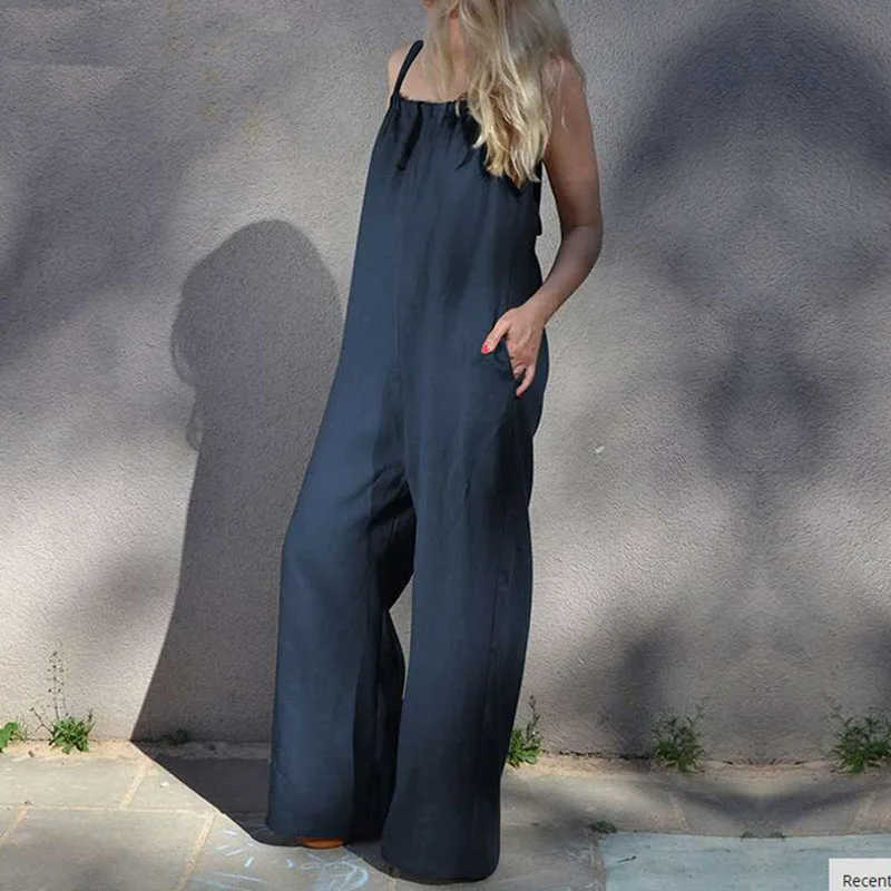 

Plus Size Women Jumpsuits Casual Loose Wide Leg Rompers Sash Backless Overalls Solid Summer Bodysuit Women