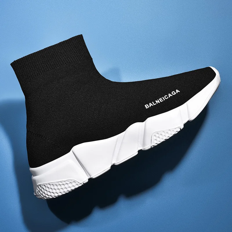 

Fashion Hot Sale white shoes black high top sock flyknit good quality Unisex fashion sneakers Breathable leisure Running Shoes