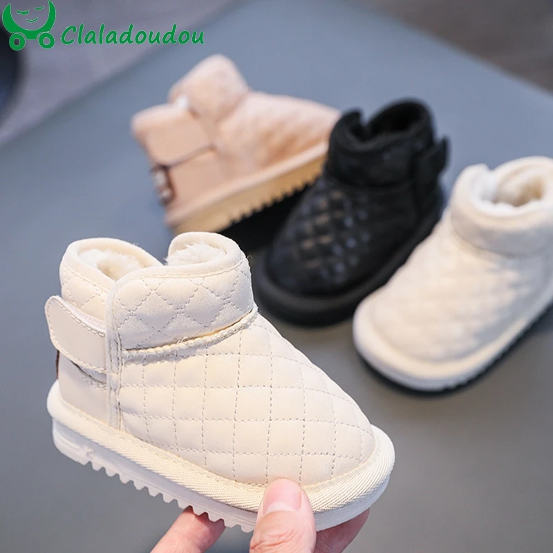 

12-16cm Toddler Sewing Snow Boots With Thicker Plush,Solid Pink Beige Black Baby Girls Boys Winter Dress Shoes,Kid Womon Walkers