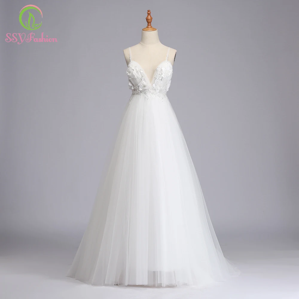 SSYFashion Новое Белое пляжное платье сексуальное глубокое v-образным вырезом кружевное цветочное Бисероплетение с открытой спиной с коротким шлейфом длинное вечернее платье для выпускного вечера Robe De Soiree - Цвет: Белый