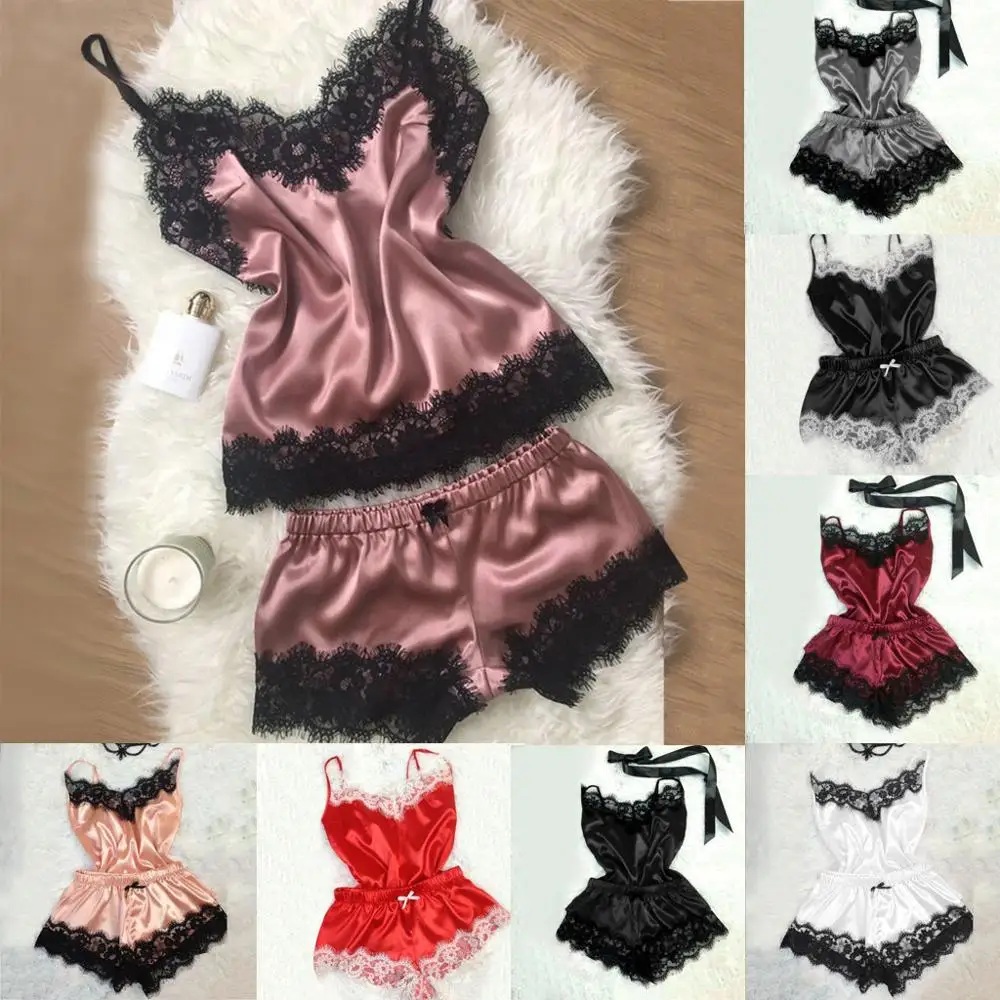 Multi-color Women Satin lenceria pajamas set 2PC Lingerie Women Sexy Nightdress Nightgown Sleepwear Underwear Set nightie FDH