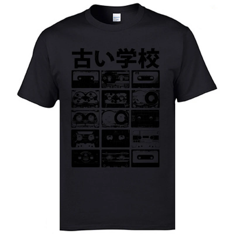 Old_School_Cassettes_vintage_distressed_look__7409 Funky Men T-shirts Round Collar Short Sleeve Pure Cotton Tees Tee-Shirts Old_School_Cassettes_vintage_distressed_look__7409 black