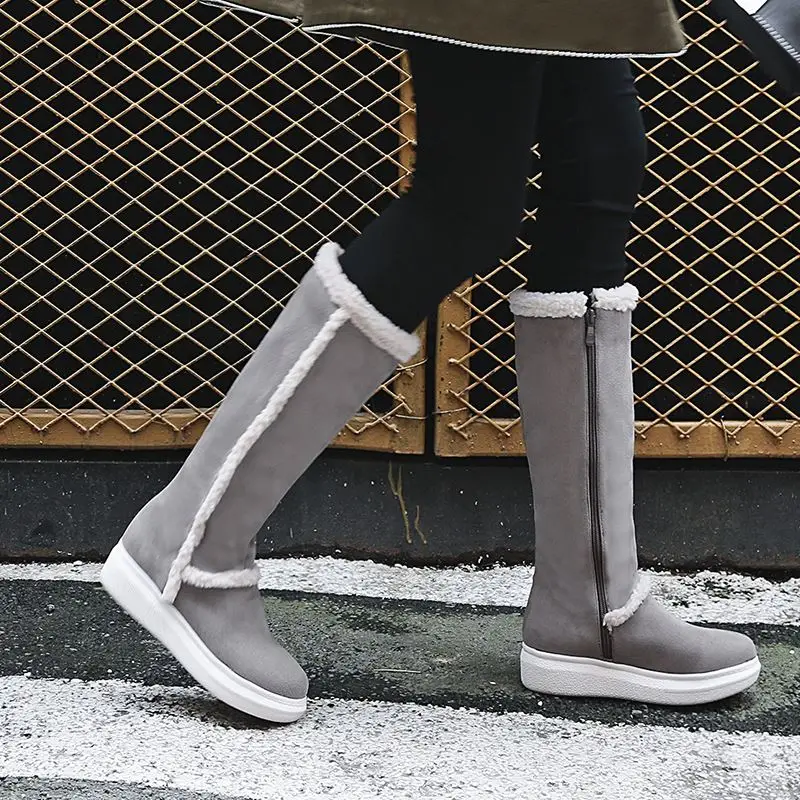 FITWEE New Winter Warm Knee High Boots For Women Side Zipper Flats Shoes Leisure Outdoor Fur Women Footwear Size 34-43